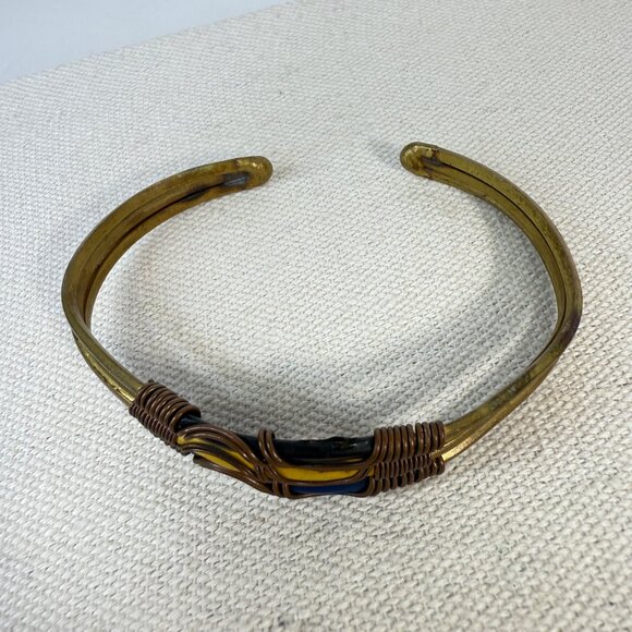 Wire Wrapped Artisan Created Cuff Bracelet Blue Yellow Art Deco - Picture 2 of 7